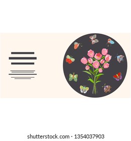 Circle with tulips and butterflies for text. Flat style clip with copy space. Card template on white background. Greeting card, poster design element. Vector Illustration.
