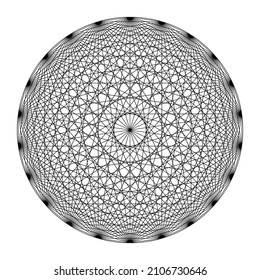 Circle with twenty-two points, all connected with lines, showing a mandala like symmetry. Sacred Geometry according to the 231 doorways of Guillaume Postel, from the 16th century. Illustration. Vector