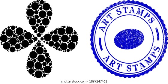 Circle twirl bang, and blue round ART STAMPS unclean stamp imitation with icon inside. Element flower with 4 petals designed from oriented circle items. Vector flower collage in flat style.