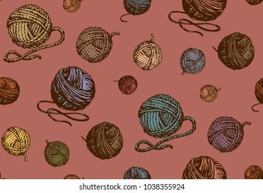 Circle twisted twine coil needlecraft isolated on dark red backdrop. Monochrome color hand drawn picture sketchy in art retro scribble cartoon style pen on paper. Tileable view