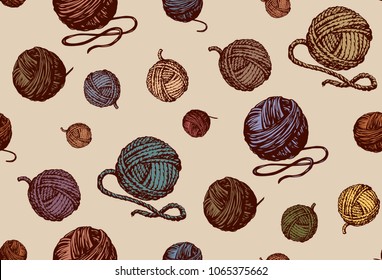 Circle twisted twine coil on light beige backdrop. Brown, blue and red color hand drawn needlecraft symbol tool sketchy in art retro scribble engraved graphic style pen on paper. Tileable view