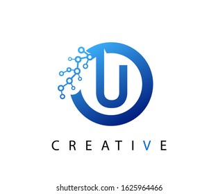 Circle U Letter Digital Network , abstract blue U technology logo design.
