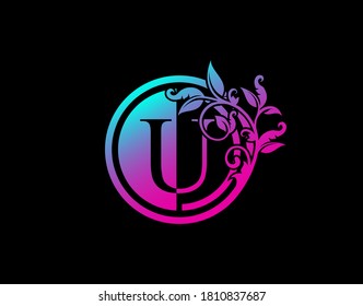 Circle U Letter Floral Logo. Luxury U Swirl Logo Icon perfect for salon, yoga, restaurant, boutique and letter stamp.