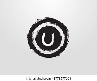 Circle U Letter Logo With Circle Grunge Splatter Element. Retro logo design template.