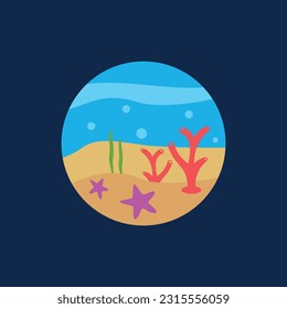 circle Underwater world nature with coral and star fish, vector illustration logo design template