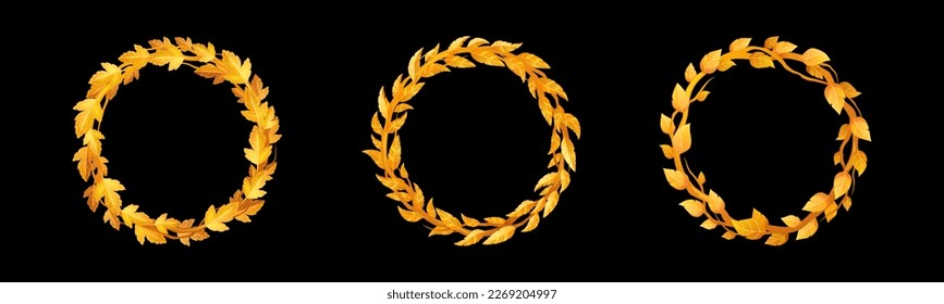 Circle user avatar frame for autumn fantasy game interface. Orange leaves border for rpg ui design, gold laurel wreath. Png fall rank vector icon with maple leaf illustration. Royal cartoon template