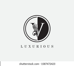 Circle V Letter Vintage Logo Icon. Black and White V With Classy Leaves Shape design perfect for fashion, Jewelry, Beauty Salon, Cosmetics, Spa, Hotel and Restaurant Logo. 