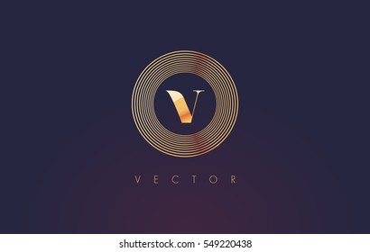 Logo del Círculo V. Letra V Vector de diseño circular con colores de metal dorado.