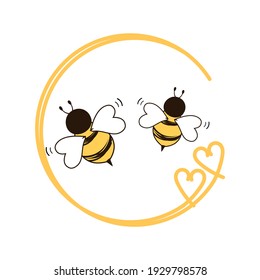 Bee​ cartoons​ with​ heart​ circle sign​ logo​ on​ white​ background​ vector.