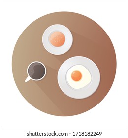 circle vector breakfast illustration. coffee, fried eggs and bun. the view from the top
