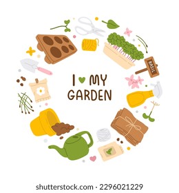 A circle of vector cartoon  home garden items including a micro green,seeds,watering can