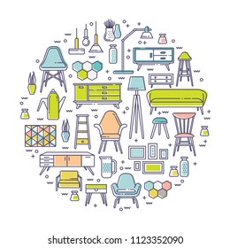 Circle vector concept with furniture in modern Scandinavian style background. Line style vector illustration for banner, poster, advertising of furniture company.