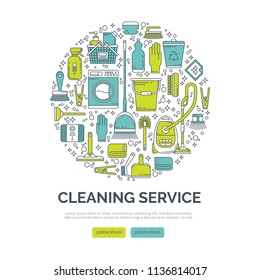 Circle vector concept with house cleaning tools, household equipment background. Line style template for web page design, website layout of cleaning company.