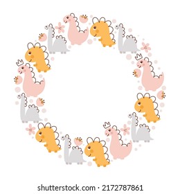 Circle Vector dino girl frame with dinosaurs and hand drawn flowers with place for your text. Greeting card, poster design scandinavian element.