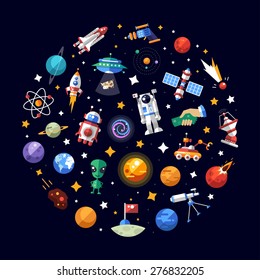 Circle Vector Flat Design Composition Of Space Icons And Infographics Elements
