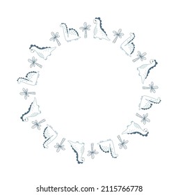 Circle Vector frame wreath with dinosaurs and palms. Hand drawn dino with place for baby boy your text on white background. Greeting card, poster design scandinavian element.