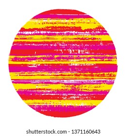Circle vector geometric shape with striped texture of watercolor horizontal lines. Old paint texture disk. Badge round shape circle logo element with grunge background of stripes.