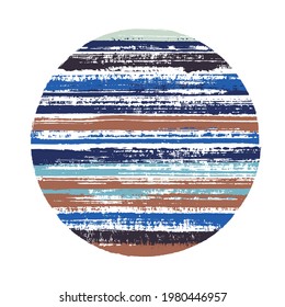 Circle vector geometric shape with striped texture of watercolor horizontal lines. Planet concept with old paint texture. Label round shape circle logo element with grunge background of stripes.