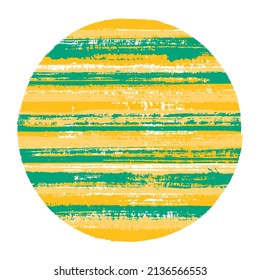 Circle vector geometric shape with striped texture of paint horizontal lines. Disk banner with old paint texture. Stamp round shape logotype circle with grunge background of stripes.