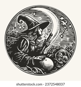 Circle vector halloween illustration witch woman in a hat with oracle 