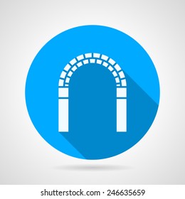 Circle vector icon for archway. Round blue flat vector icon with white silhouette brick archway on gray background. Long shadow design.