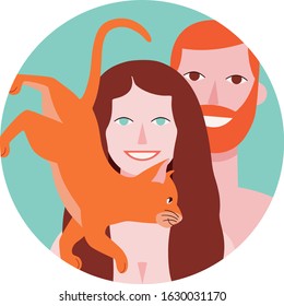Circle vector icon with happy shirtless young couple and orange cat