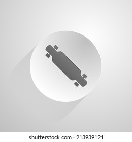 Circle vector icon for longboard. Flat circle vector icon with gray silhouette longboard on gray background.