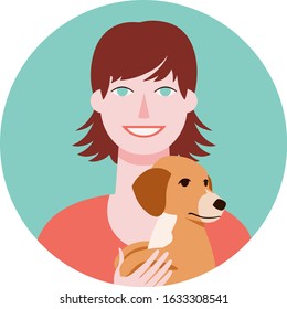 Circle vector icon with portrait of happy young woman in red shirt and little dog. Smiling girl with short hair and puppy