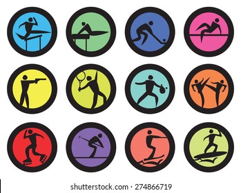 Circle vector icons for different sports competition and games isolated on white background.