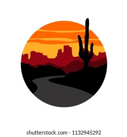 Circle vector illustration of cactus tree silhouette in desert with mountains background and asphalt road