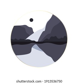 circle vector illustration with mountains and lake isolated on white