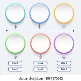 Circle vector infographic elements set in minimal style. Flowchart presentation template design. Data visualization with 6 steps. Process timeline chart collection. Icons pack for info workflow layout