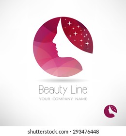 Circle vector logo. Female profile, hair and stars.