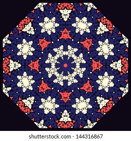 Circle vector ornament, ornamental round lace on dark blue background. It looks like night sky with stars.