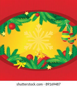 circle vector red frame with christmas tree decor, detailed brunches, bows and gift box