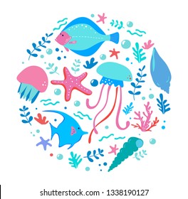 Circle vector set of cartoon sealife animals over white background. Fish, starfish, crab, shell, jellyfish, coral,  algae. Underwater sea life. Colourful cartoon illustration. Vector illustration.