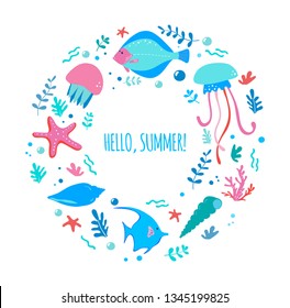 Circle vector set of cartoon sealife animals over white background. Fish, starfish, crab, shell, jellyfish, coral,  algae. Underwater sea life. Colourful cartoon illustration. Circle vector set of car