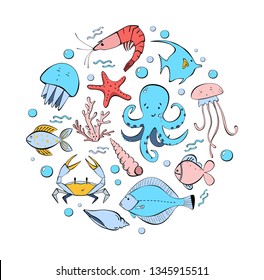 Circle vector set of cartoon sealife animals over white background. Fish, starfish, crab, shell, jellyfish, octopus, algae. Underwater sea life. Colourful cartoon illustration.