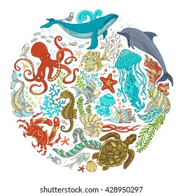 Circle vector set of cartoon sealife animals over white background. Whale, dolphin, turtle, fish, starfish, crab, shell, jellyfish, octopus, algae. Underwater sea life. Colourful cartoon illustration.