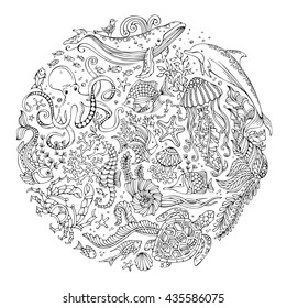 Circle vector set of doodles wild sealife. Contours of whale, dolphin, turtle, fish, starfish, crab, octopus, shell, jellyfish, algae. Underwater animals and plants. Coloring book for adults template.