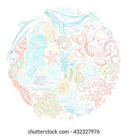 Circle vector set of ocean animals and plants contours. Whale, dolphin, octopus, turtle, fish, starfish, crab, shell, jellyfish, seaweed. Underwater sea life. Colourful doodles vector design elements.