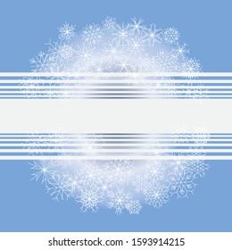 Circle vector winter season frame - card, poster, sign board or banner template in blue color with white snowflakes, ribbons and place for message