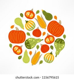 Circle vegetable ornament with pumpkins, corn and leaves. Perfect for autumn greeting cards, holiday invitations