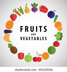 Circle of vegetables and fruits with place for text isolated on white background vector illustration of a flat. Healthy lifestyle, healthy eating concept
