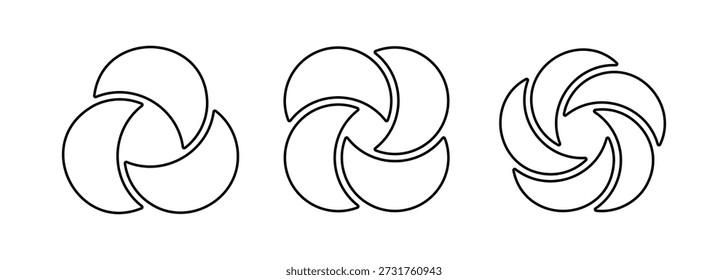 Circle Venn diagram with three, four and five parts set. Intersecting line circles. Infographic overlap round chart icon. Business process chart. Vector illustration isolated on white background.