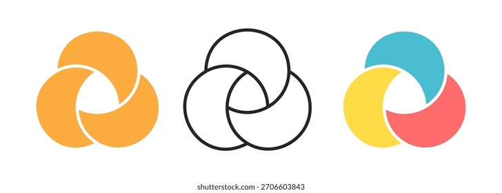 Circule o diagrama Venn com três partes definidas. Círculos de interseção. Ícone do gráfico de infográfico. 3 diagrama de elementos de saldo sobreposto. Gráfico do processo de negócios. Ilustração vetorial isolada sobre fundo branco.