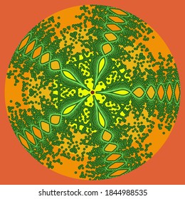 Un círculo de colores cálidos vibrantes con cinco patrones radiales psicodélicos verdes. Funciones matemáticas.