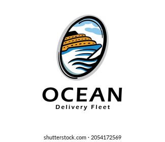 circle view ship ocean wave delivery transportation logo template illustration