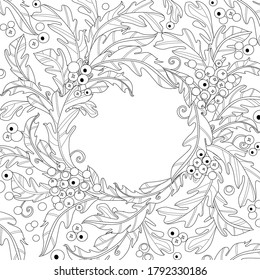 armazón de follaje vintage de círculo con bayas abstractas para tu libro de coloración