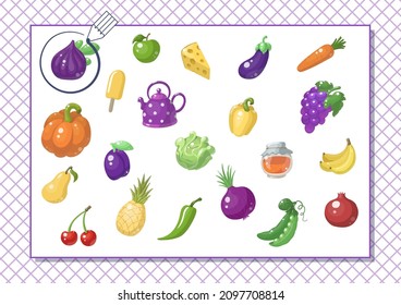 Circle violet color. Kindergarten worksheet to help children strengthen his visual discrimination skills. Different food.
